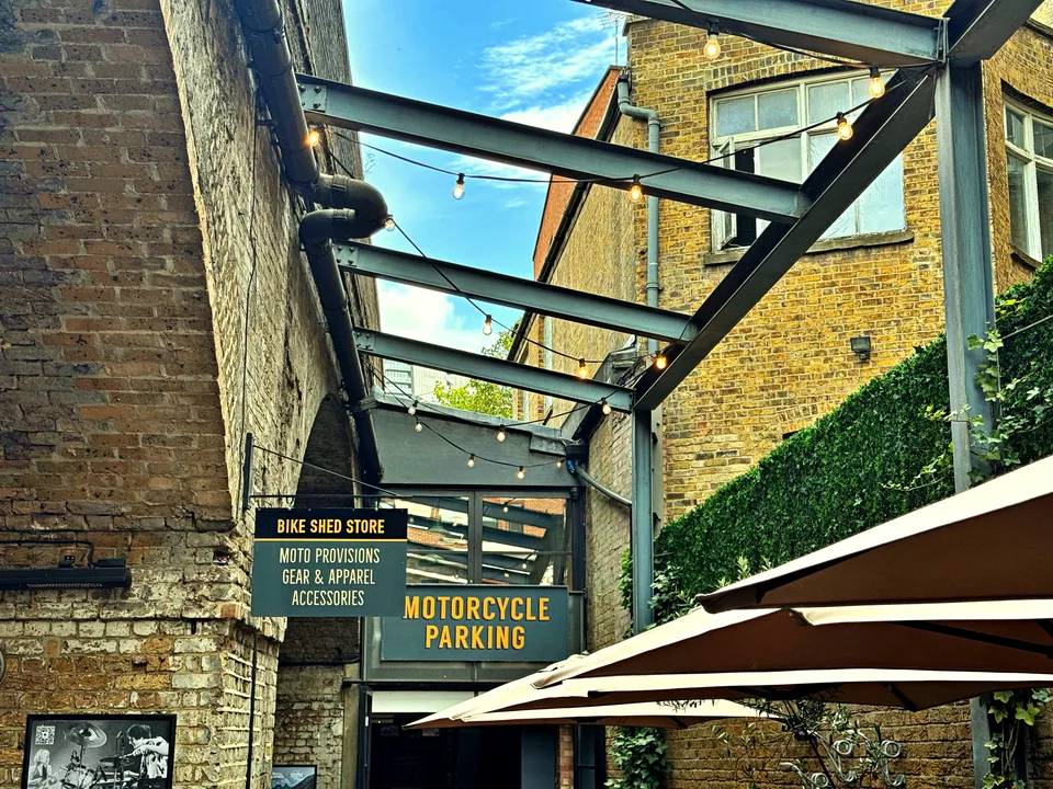 Brick courtyard with exposed steel beams