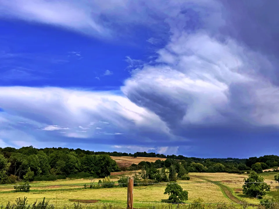 Fields beneath a deep blue sky