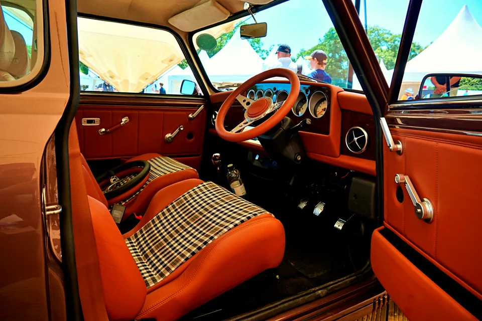 Classic Mini interior with red upholstery